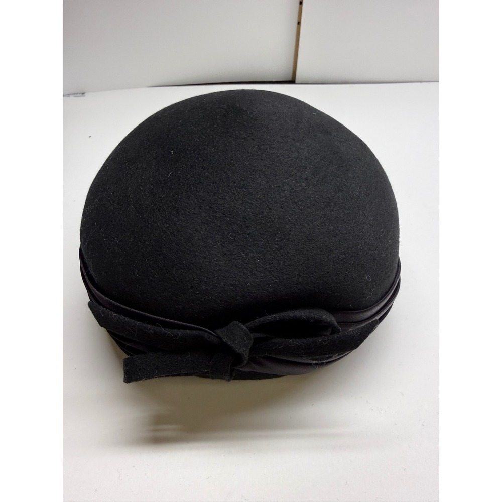 Glenover Henry Pollak Co Vintage Black Wool Felt Pillbox Hat with Bow Accent
